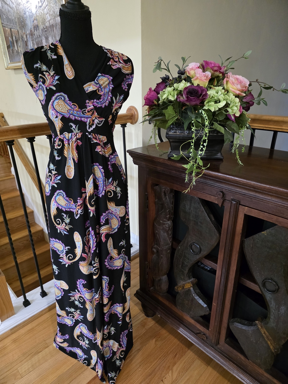 Cache Black Paisley Maxi Dress with Purple & Gold Accents Small